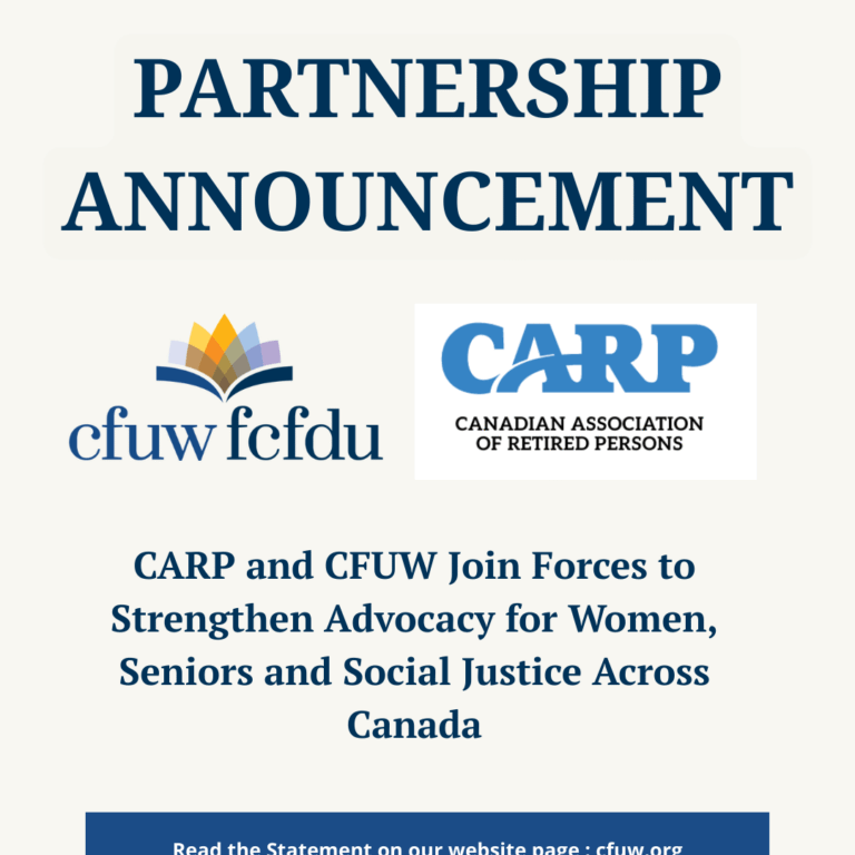 Partnership announcement graphic featuring the CFUW/FCFDU and CARP logos, announcing a collaboration to strengthen advocacy for women, seniors, and social justice across Canada.