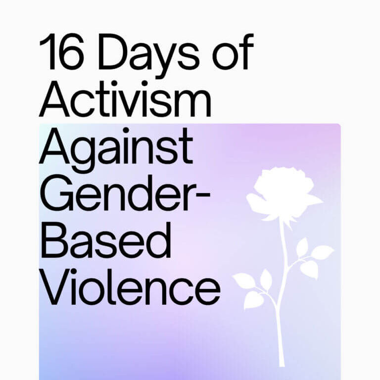 Poster for “16 Days of Activism Against Gender-Based Violence” campaign. The design features bold black text on a white background with a gradient square in shades of purple and blue. Inside the gradient square is a white silhouette of a rose. At the top, the CFUW/FCFDU logo appears with the tagline “Realizing potential. For all women. Le pouvoir par le savoir.” The dates “November 25–December 10, 2025” are displayed at the bottom in black text.