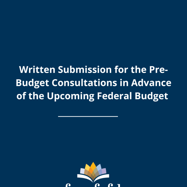 Cover page with a dark blue background displaying the title “Written Submission for the Pre-Budget Consultations in Advance of the Upcoming Federal Budget” and the CFUW/FCFDU logo at the bottom.